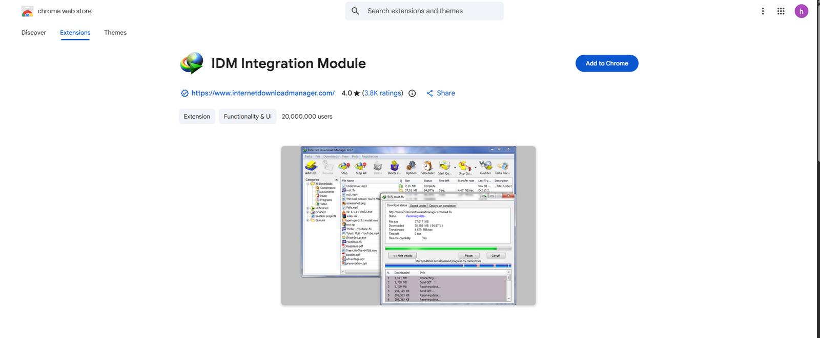 IDM Integration Module Install In Chrome Web Store screenshot