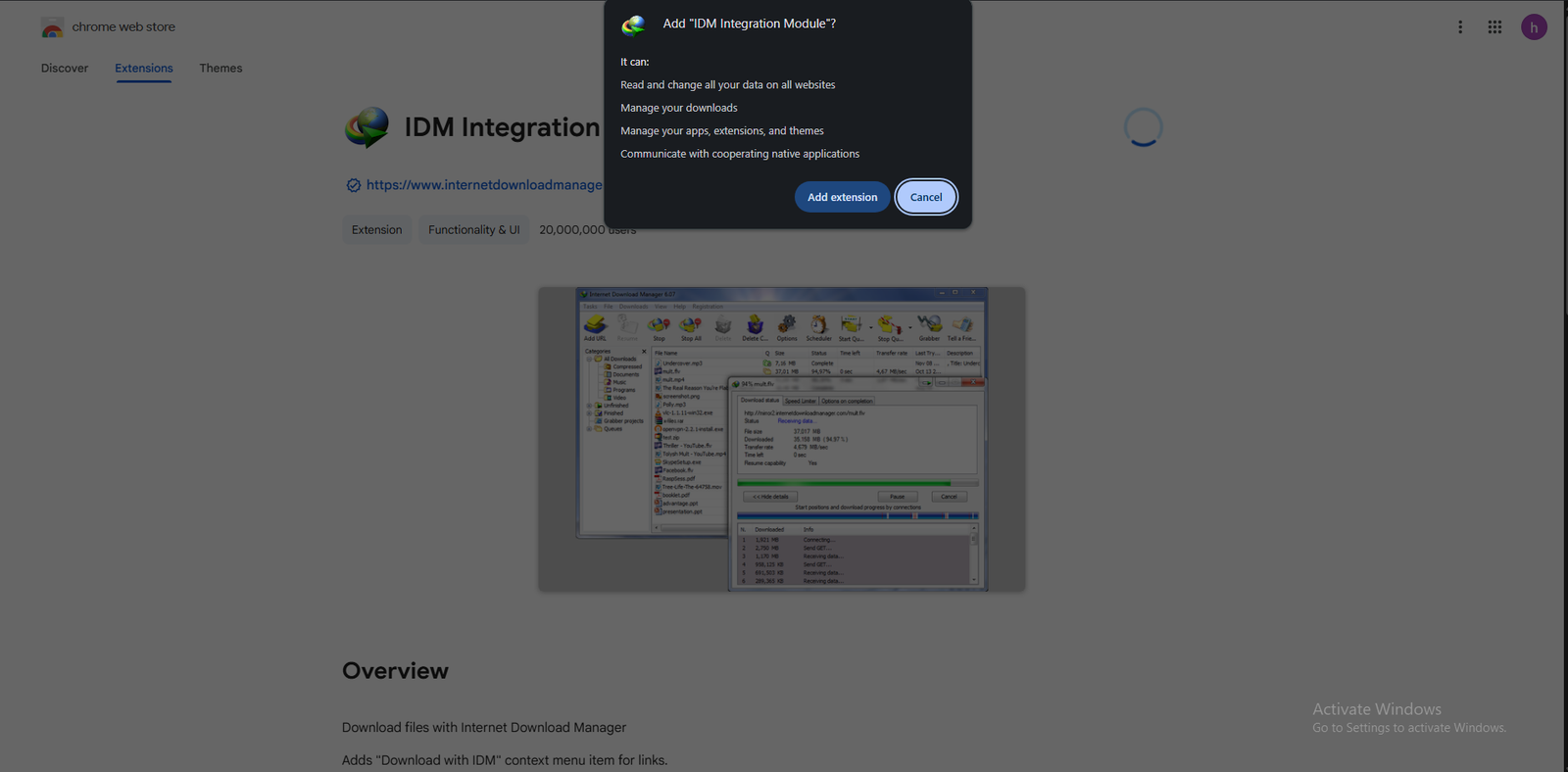 IDM Integration Module Install In Chrome Web Store screenshot