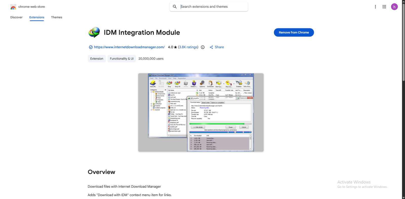 IDM Integration Module Install In Chrome Web Store screenshot