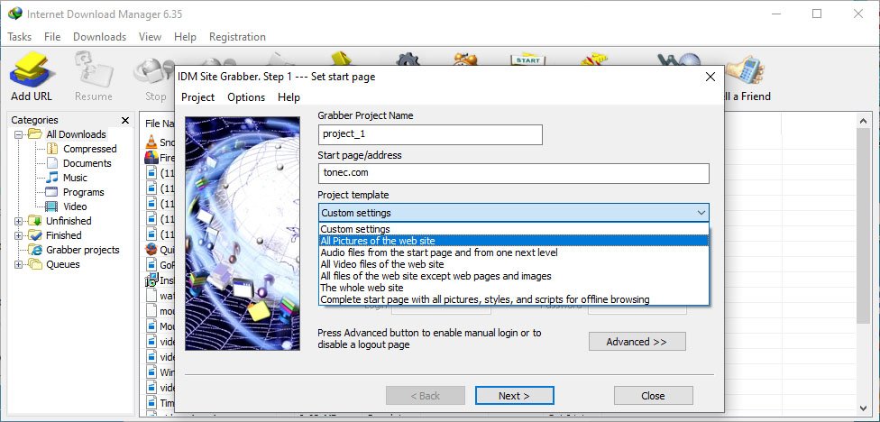 IDM includes web site spider and grabber